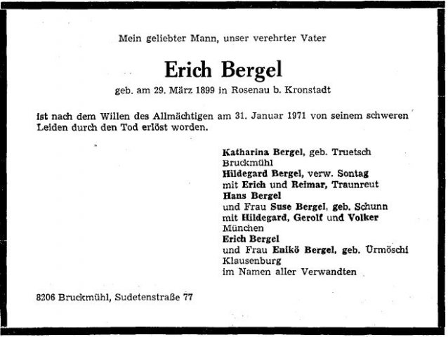 Bergel Erich 1899-1971 Todesanzeige